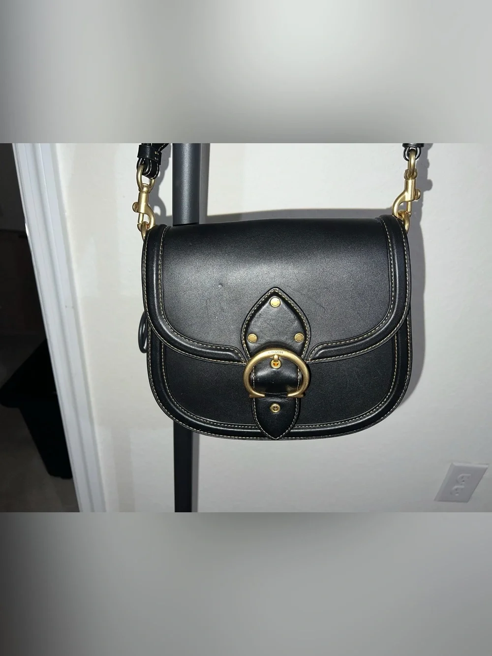 Coach Black Leather Saddle Crossbody with Gold Accents